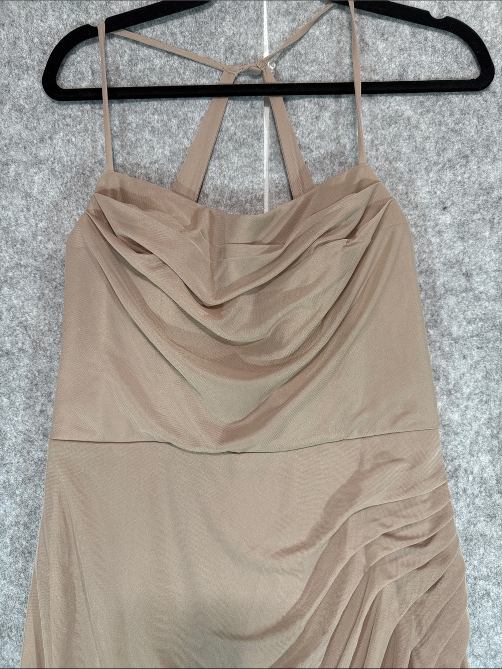 Azazie Champagne Chiffon Bridesmaid Dress Size A10 Cowl Neck Ruched Slit Boning - Picture 2 of 12